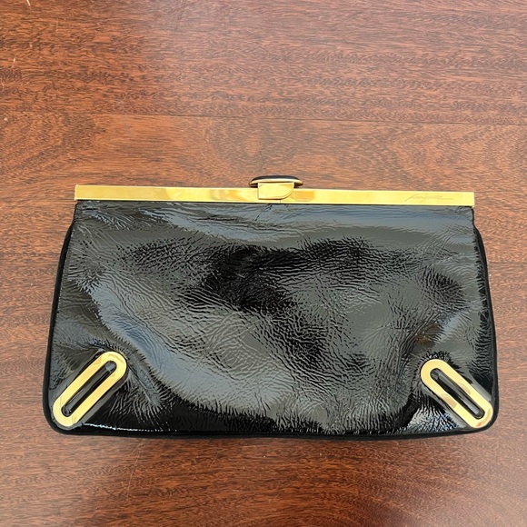 1990s Brian Atwood Y2K Vintage Black Patent Leather And Gold Evening Clutch